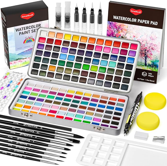 Smallbudi All in One Watercolor Paint Set 168 Colors with Portable Box | Travel Watercolor Kit for Adults with Carrying Case, Paper, Paint Brushes, Palette & Accessories for Beginner & Professional