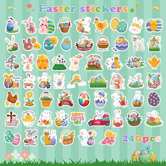 OHOME Easter Stickers for Kids - 240 PCS Easter Basket Stuffers for Boys Girls Teens Adults | Vinyl Egg Bunny Gifts Decorations Toys - Kids Easter Games Crafts Activities Party Favors