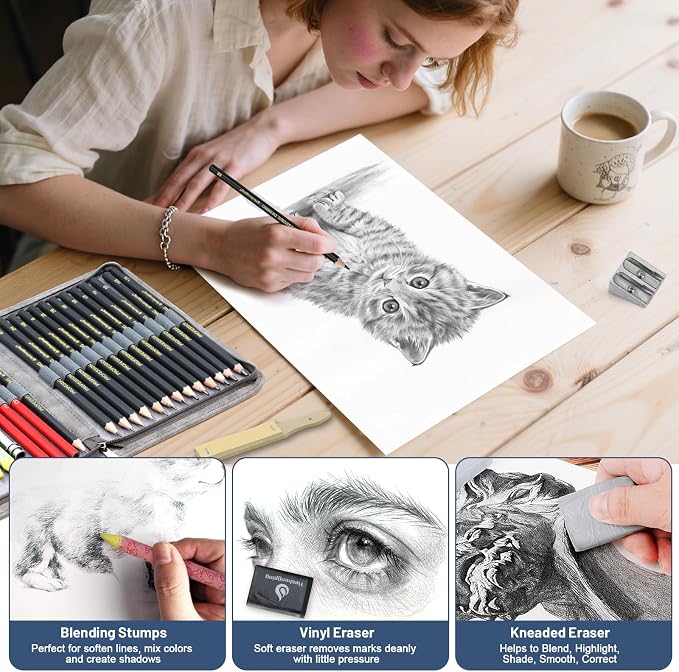 Heshengping Sketching and Drawing Pencils Set 26pcs, Art Supplies Drawing pencil Kit,Graphite Charcoal Professional Pencils Set, Adults Beginners Artist