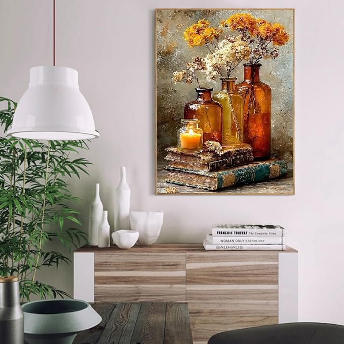 pchmcu Vintage Flower Book Paint by Number for Adults,Flowers in Vase Painting by Numbers,DIY Acrylic for Beginners Unframed,Easy Paint by Numbers Adults on Canvas for Decor 16x20inch