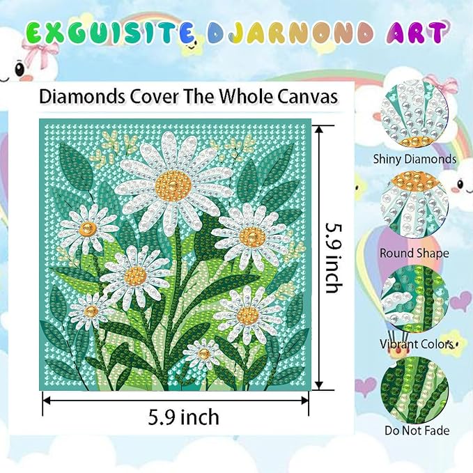 cviokrdu 4 PCS Diamond Art Kits for Kids, Flowers Diamond Art for Kids Ages 4 8 12, Flower Gem Art Kit Crafts Beginners for Gift Home Wall Decor (6x6inch)