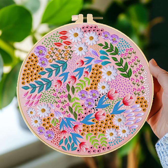 BEUNITONE 4 Set Covered Flower Embroidery Kit for Beginners 7.9"x7.9" | DIY Complete Needlepoint Kits for Adults, Cross Stitch Starter Kit with Hoops, Handmade Needlework for Gifts and Home Decor