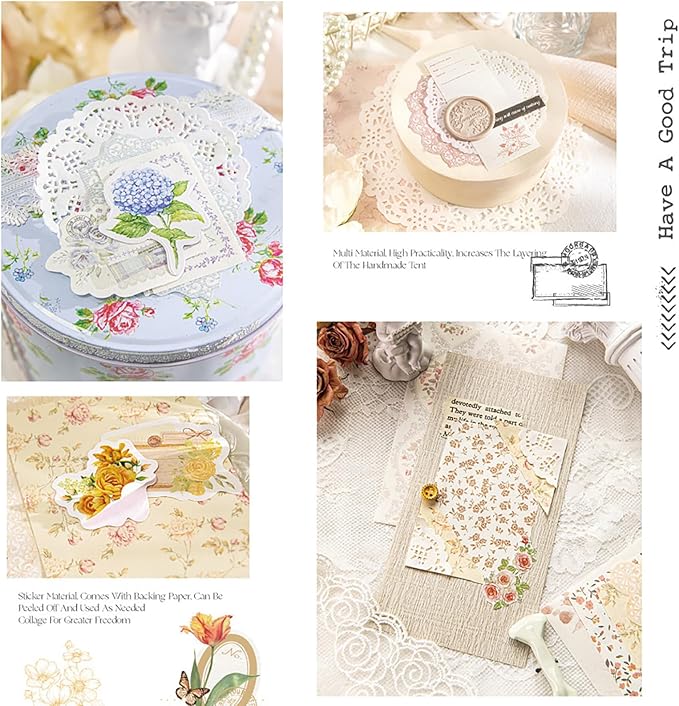 Doraking 100pcs Vintage Floral Scrapbook Paper Journaling Stickers