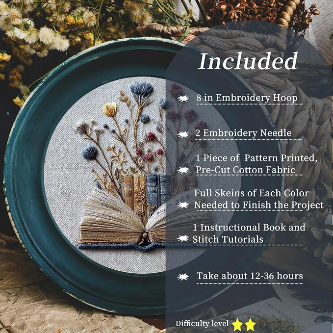 FONNUY Embroidery Kit for Beginners, Flower Book Pre-Stamped Pattern Kits for Adults with Hoop, Cross Stitch Easy to Follow Color Thread Needlework, 8'' Hoop (Blue)