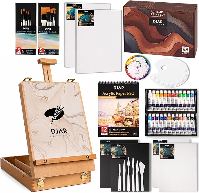 DJAR 49 Pcs Acrylic Paint Set with Tabletop Easel & Canvas, 24 Colors | Complete Art Supplies Kit with Canvas Panels, Brushes and Painting Pads, Painting Set for Kids, Beginners, Adults and artists