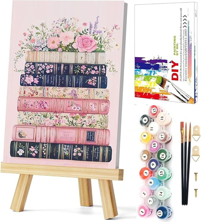 Gemozaic Book Framed Paint by Numbers Kit for Adults with Easel, 8x12 in | Floral Books Paint by Number for Adults, Small DIY Acrylic Pink Numbers Painting on Framed Canvas for Home, Wall Decor, Gift