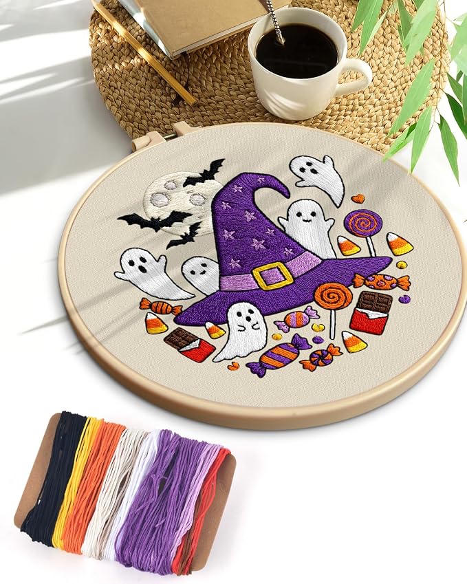 TINDTOP Halloween Embroidery Kit for Adult, Embroidery DIY Starter Kit, with Stamped Patterns, Hoop, Tools, Colorful Threads with Needles, Instructions (Halloween C)