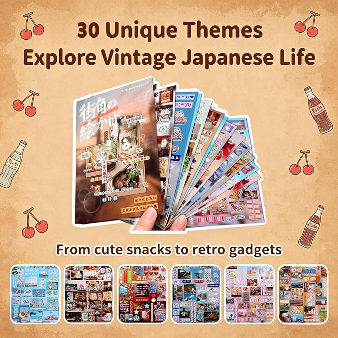 Tmtains 1000+Pcs Japanese Sticker Book for Scrapbook 30 Sheets Heisei Retro Style Korean Stickers for Journaling Aesthetic Japanese Sticker Book for Adults DIY Crafts Junk Journal (Street Corner Art)