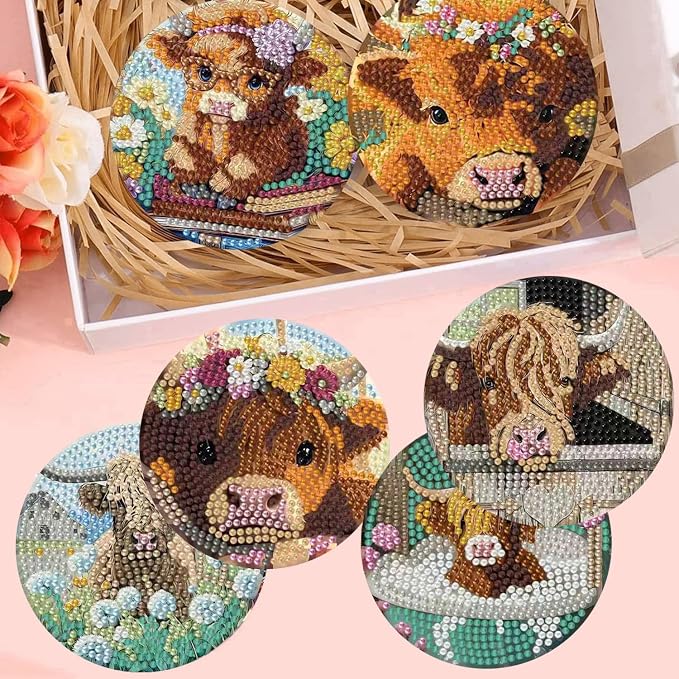 mrpwnle 8 Pcs Diamond Art Coasters Kits, Cow Diamond Painting Coasters Kits