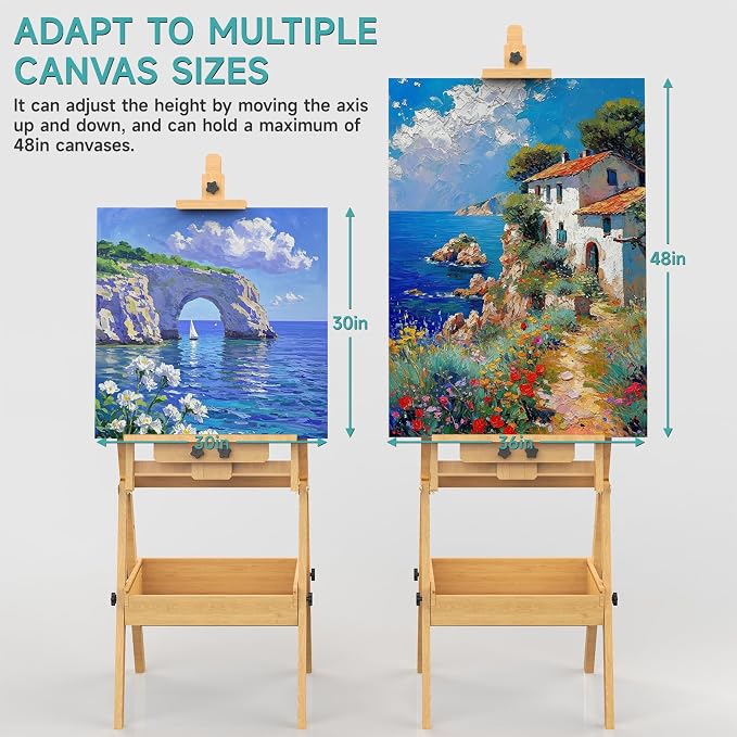 Solid Beech Wood H-Frame Easel with 2 Palette and Storage | Professional Foldable Studio Art Easel Stand with Signature Box for Adults, Holds Canvas Art up to 48"
