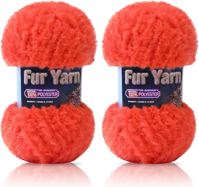 Faux Fur Yarn Soft Fluffy for Crocheting - 2 Skeins(Each 3.5oz/100g, 71yd/65m) - Chunky & Fluffy Yarn for Crochet Amigurumi, Blankets, Hand Knitting, Scarves &Crafts (2, Orange)