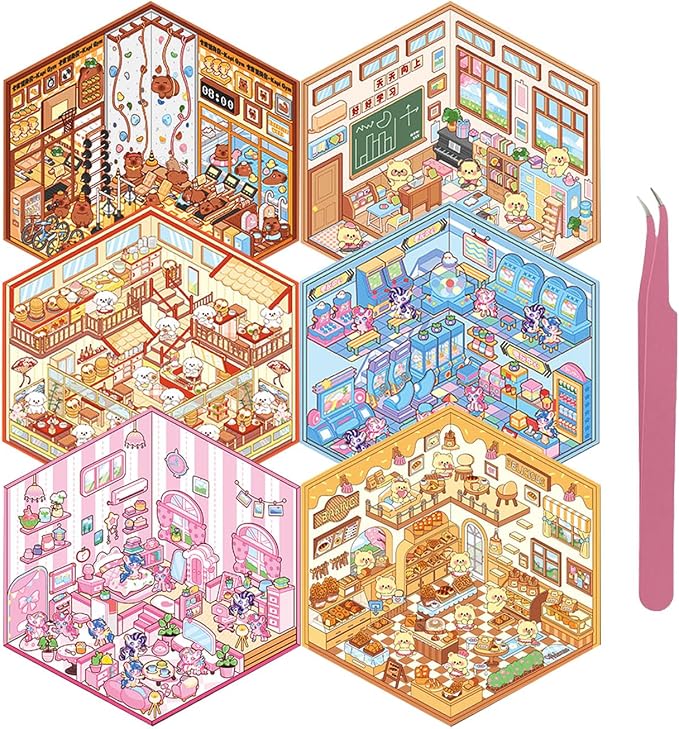 DIY 3D Sticker for Kids, 6 Sets of Cute Stickers for Girls Kids Fun Scenes Stickers Adult Isometric Sticker Scene Reuseable Waterproof Stickers