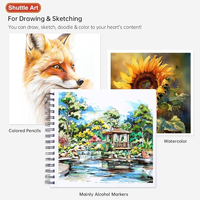 Shuttle Art Marker Pad, 8.3”x8.9” Portable Square Sketchbook, 80 Sheets Marker Drawing Paper, 110LB/180GSM Bleedproof Art Paper, Spiral-Bound, Great for Professional Artist to Draw, Paint & Sketch
