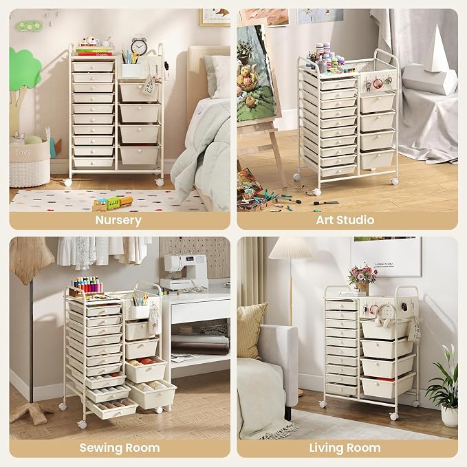 Giantex 14 Drawer Storage Cart, Rolling Craft Cart with Metal Tabletop & Pegboard, Mobile Utility Organizer Trolley with Locking Wheels, Home Office, Ivory