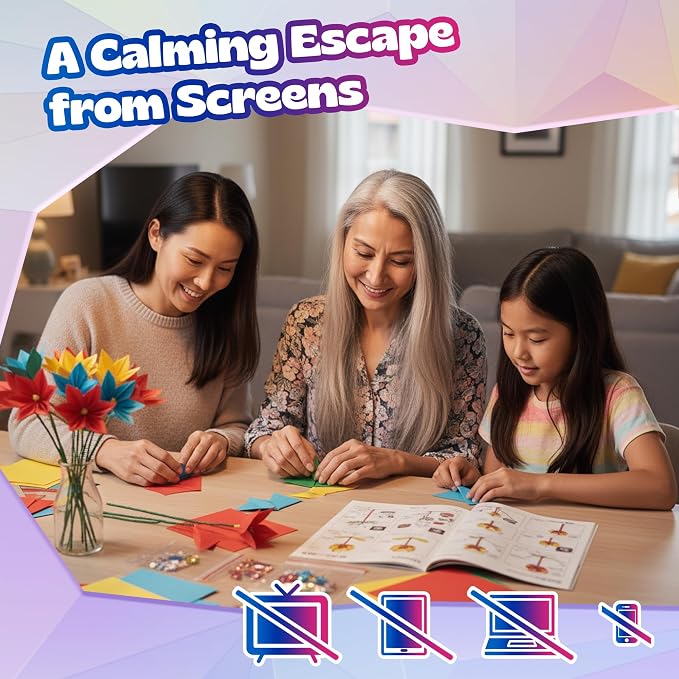 Pinwheel Crafts Flower Origami Kit for Kids Ages 8-12, 550 Pcs | 350 multicolor folding sheets, 100 chenille stems, 100 buttons and gems, booklet, makes 3D paper flowers, gift for girls