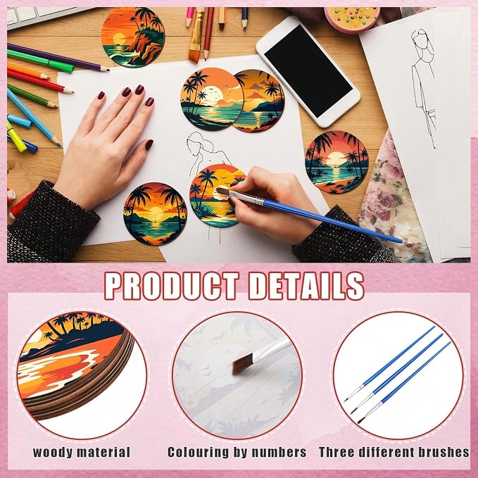Reallnaive 8 Pcs Beach Paint by Numbers Kit for Adults Coastal Coasters | Mini Paint by Numbers, Tiny Palm Trees Sunset Round Oil Painting Drink Coaster with Holder, for Small DIY Craft Birthday Gift