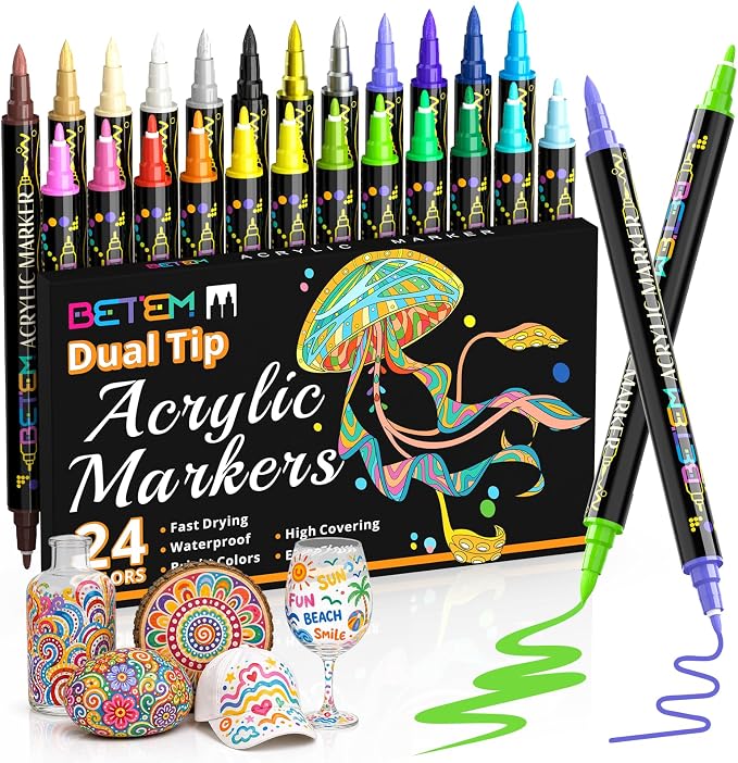 Betem 24 Colors Paint Markers for Glass, Dual Tip Acrylic Paint Pens | Window, Fabric, Wood, Rock, Canvas, Acrylic Markers with Fine & Brush Tip, Art & Craft Supplies, Wine Glass Markers