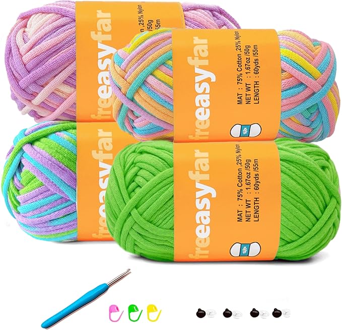 4x50g Beginner Easy Yarn Kit for Crocheting and Knitting; Worsted-Weight Medium #4;Crocheting and Knitting kit with Tool Set (Coral+Ocean+Periwinkle+Green, 4 Skein)