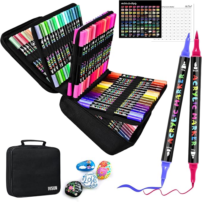 IVSUN 100 Colors Acrylic Paint Pens, Water-Based Dual Tip Paint Markers | Fine & brush tips, ready to use, includes portable carrying case, works on rock, wood, canvas, ceramic, glass and metal.