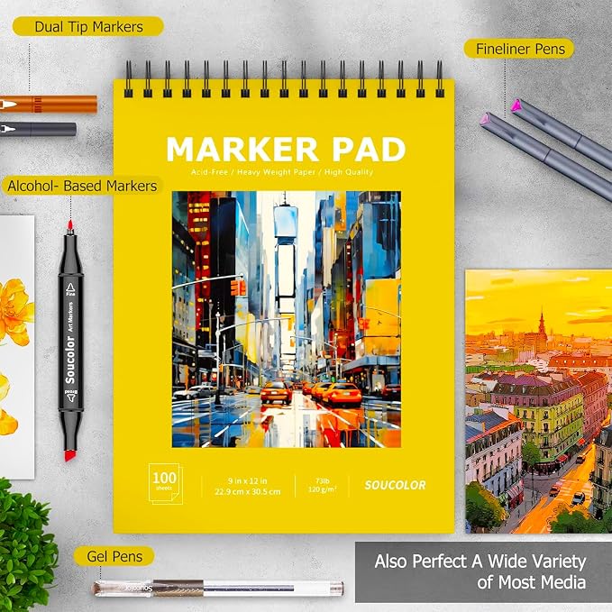 Soucolor Marker Paper Sketchbook,Bleedproof Maker Paper 9"x12" | Professional Bleedproof Marker Pad for Alcohol Markers 100 Sheets 73lb/120gsm Thick No-Penetration Drawing Paper