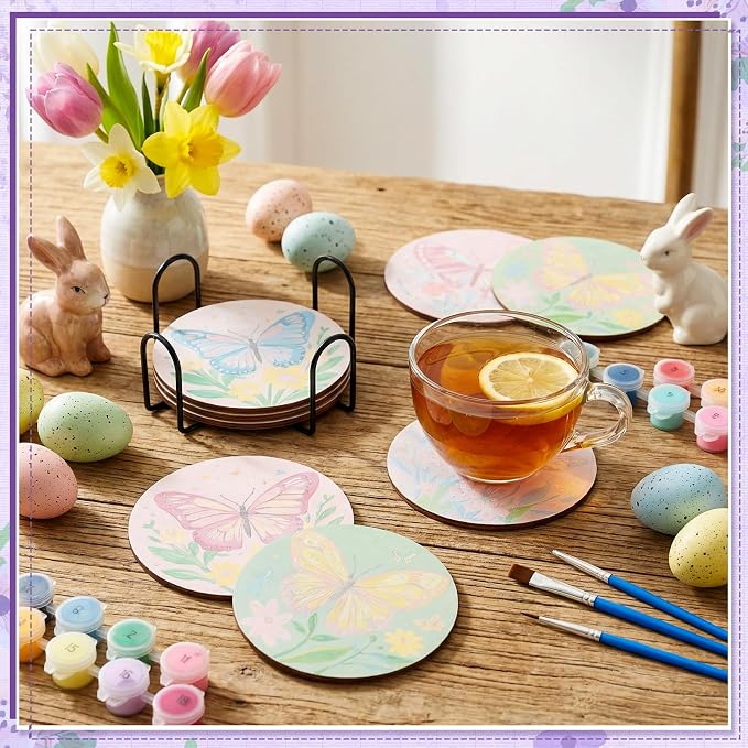 Reallnaive 8 Pcs Butterfly Flower Paint by Numbers Kit Coaster for Adults | Mini Paint by Numbers, Tiny Floral Round Oil Painting Drink Coaster with Holder, for Small DIY Craft Birthday Gift