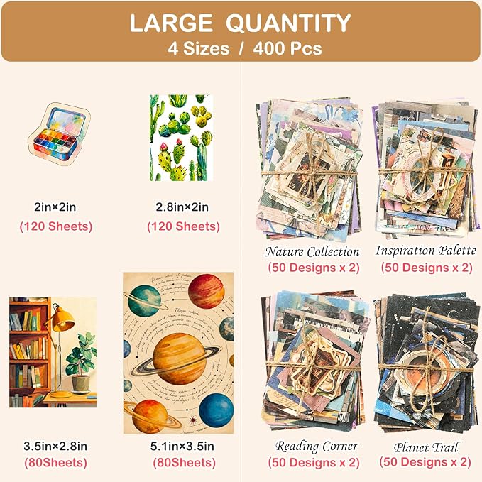 400 Pcs Vintage 4 Themes Scrapbook Paper Pack
