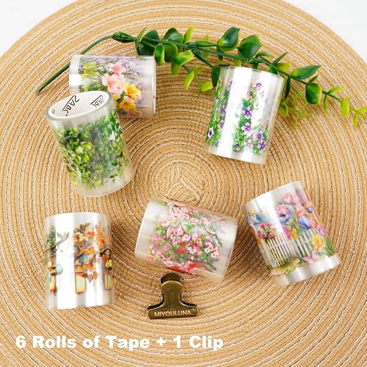 Misty Island Florals PET Pre-Cut Floral Tape Set - 6 Rolls Clear Flower Sticker Strips + 1 Clip for Scrapbook Journals Junk Journal Coastal Cottage DIY Décor