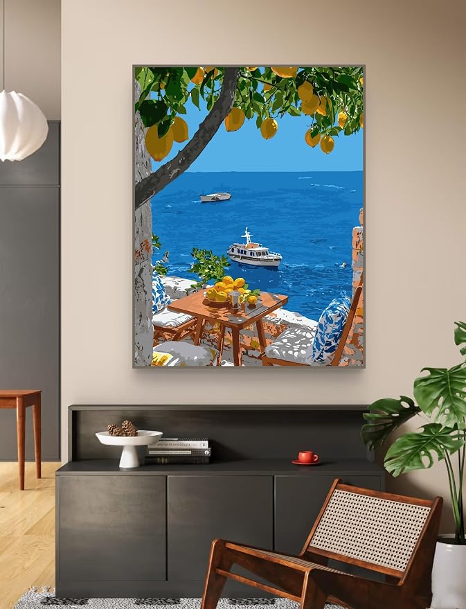 ZRIZQ Paint by Numbers Kit for Adults Beginner,Lemon Tree Sea,16x20 | Full set with wooden brushes,rolled canvas,rich paints.Calming activity.Beginner friendly.Just open and paint.