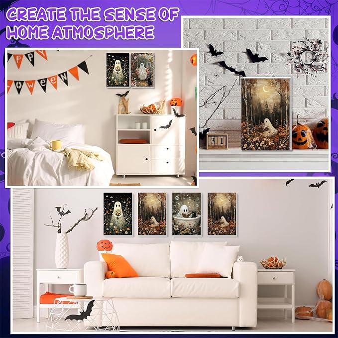 4 Pack Ghost Paint by Numbers for Adults with Framed Canvas - Wooden Easel | Halloween Paint by Number on Canvas, DIY Ghosts Acrylic Oil Painting Kits with Brushes for Home Wall Decor (8x12 inch)