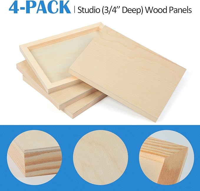Falling in Art 4 Pack 8x10’’ Unfinished Birch Wood Panels Kit for Painting | Studio 3/4’’ Deep Wooden Canvas, Cradle Boards for Acrylic Pouring, Art, Crafts, Epoxy Resin, Laser Engraving Cutting