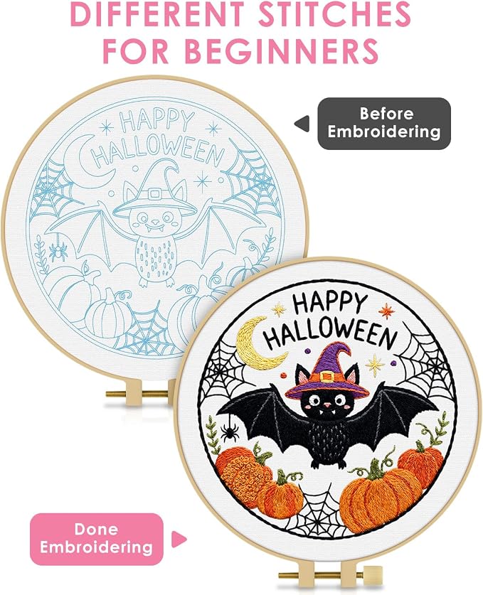 TINDTOP Halloween Embroidery Kit for Adult, Embroidery DIY Starter Kit, with Stamped Patterns, Hoop, Tools, Colorful Threads with Needles, Instructions (Halloween D)