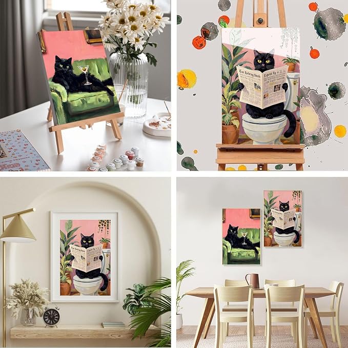 2 Pack Black Cat Framed Paint by Numbers Kit for Adults Beginner 8x12 inch | Black Cat Adult Paint by Number Kits on Canvas with Wooden Easel, Easy Acrylic Oil Painting Kits for Adults for Home Decor