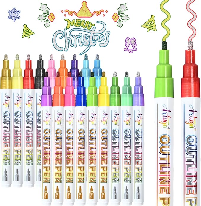 Artugn Double Line Markers, 18 Metallic Outline Pens, Silver & Gold | 18 metallic double line markers with 12 silver and 6 gold pens for cards, journals, crafts and DIY art