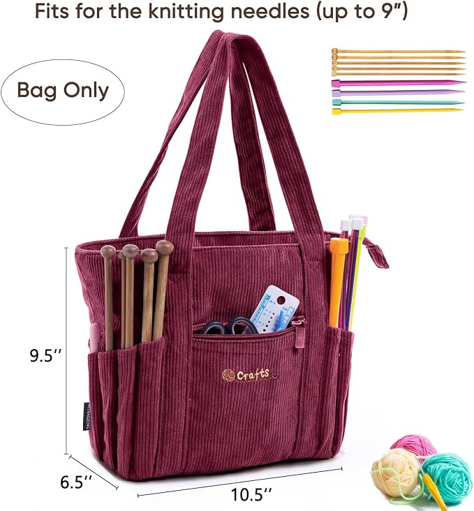 MYBAGZING Crochet Bag and Tote - Corduroy Yarn Bag - Yarn Holder for Crocheting - Crochet Storage Bag for Crochet Hooks, Crochet Accessories, Knitting Bag for Crochet Lovers, Mother's Day Gift