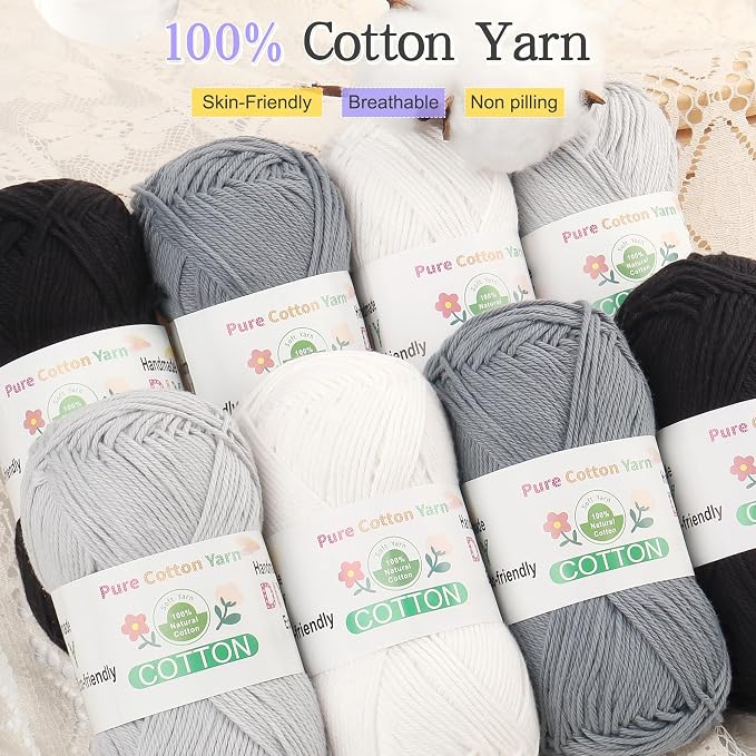 Katech 1OO% Cotton Yarn for Crocheting & Knitting–Baby Cotton Yarn (E) | 12-Color of 137 Yards/1.76 oz Sport Weight CYC #2-Soft & Breathable-Ideal for Dishcloths, Baby Clothes, Potholders & Crafts