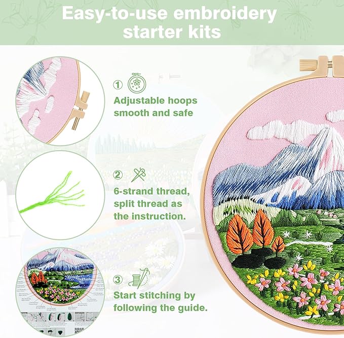 RidaaFri Embroidery Kit for Beginners, 3PC Floral Mount Sunshine Patterns | Stamped DIY Kits for Adults Starter, Hand Embroidery Practice Set with Step-by-Step Video Tutorial Include Hoop Needles Floss