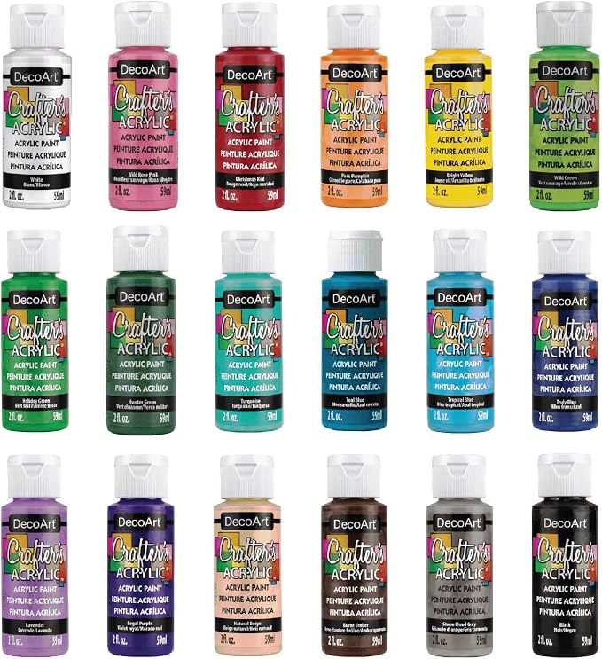 DecoArt Crafter’s Acrylic Paint Set – Popular Colors, 18 Bottles (2 fl oz) – Easy Craft Paints, Classrooms, Art Projects & DIY Crafts
