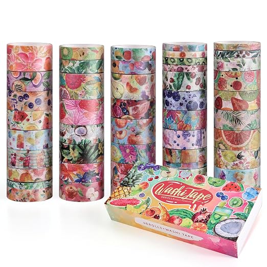 emmoolife 48 Rolls Washi Tape Set, Vibrant Watercolor Summer Fruit Decorative Tape for Scrapbooking, Bright Colorful Holiday Tapes for Junk Journal Supplies Bullet Journaling, DIY Art for Women