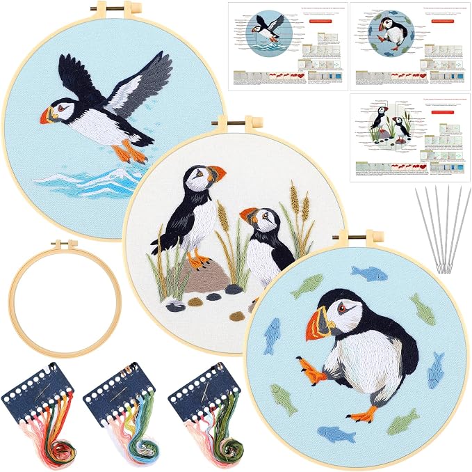Mindsoft 3 Set Needlepoint Kit for Beginners with Hoop,Sea Bird | Bamboo Hoop Thread Needles Instructions, Easy Hand Embroidery for Beginners Home Crafts,Pre-stamped Funny Cute Designs