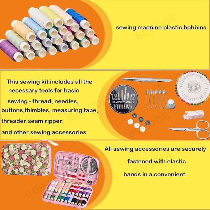 Rose Floral Sewing Kit with 130 PCS Sewing Supplies Accessory,PU Zipper Sewing Needles Set, Professional Travel Sewing Kit for Adults,Emergency, Beginners