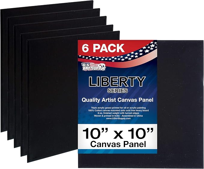 U.S. Art Supply 10 X 10 Inch Black Art Canvas Board Panels 6 Pack - 8 Ounce