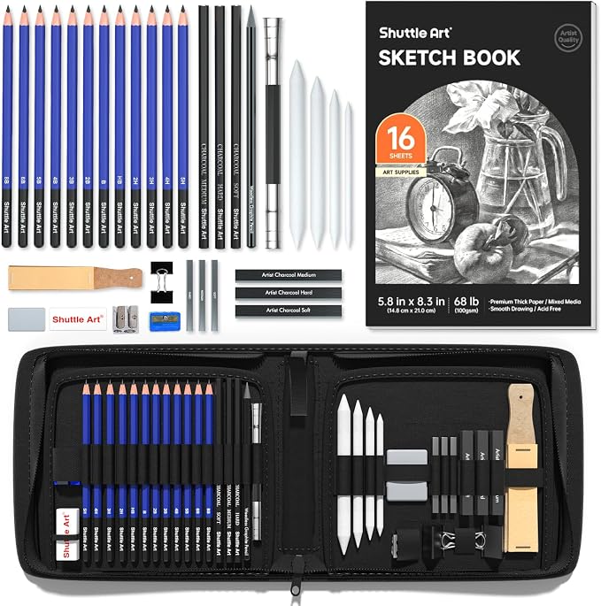 Shuttle Art Sketching and Drawing Pencils Set, 37-Piece Professional Sketch Pencils Set in Zipper Carry Case, Drawing Kit Art Supplies with Graphite Charcoal Sticks Tool Sketch book for Adults Kids