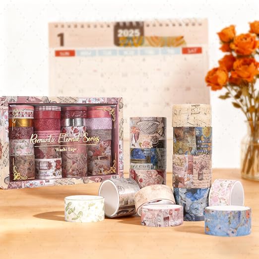 24 Rolls Flower Decorative Washi Tape Set(Romantic Eternal Series) | Adhesive Wahi Tape For DIY Art Crafts,Planners, Bullet Journaling,Gift Wrapping,Scrapbooking and Junk Journal Supplies