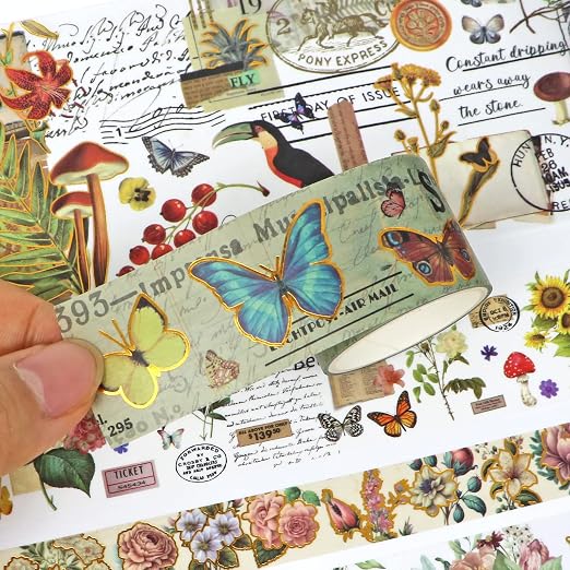 37 Rolls Vintage Washi Tape Set - Decorative Tape Floral Butterfly Mushroom Botanical,Adhesive Tape for Journaling Supplies,Scrapbooking,Junk Journal Supplies5/8/10/15/30/75mm Wide9.84ft Long/Roll