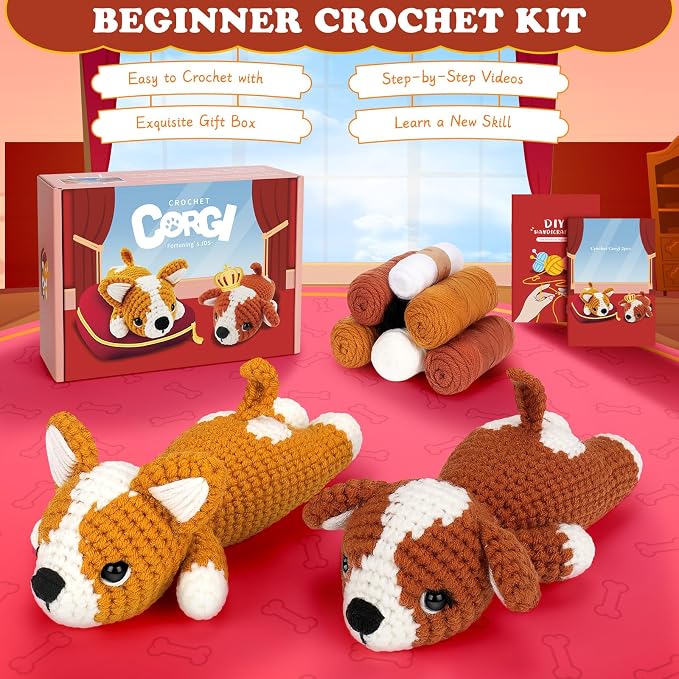 Fortuning's JDS Crochet Kit for Beginners, 2 PCS Corgi Crochet Kits