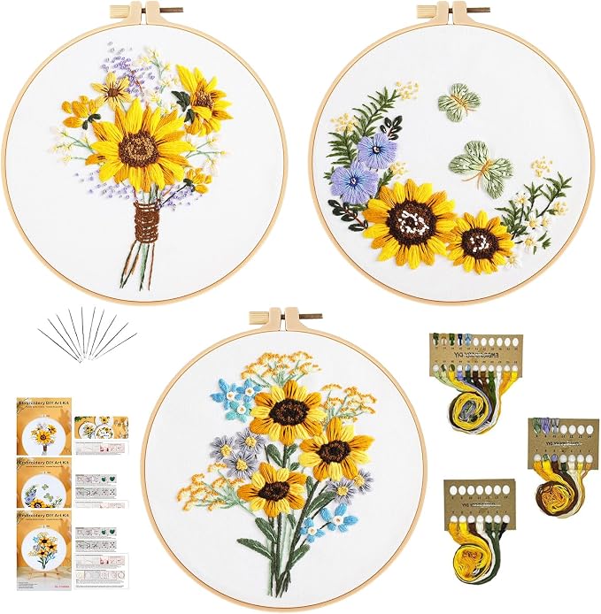 GLTAYLMY 3 Sets Embroidery Starter Kit with Pattern and Instructions, Cross Stitch Set, Stamped Embroidery Kits with 3 Embroidery Clothes with Pattern, 1 Embroidery Hoop(Sunflower)