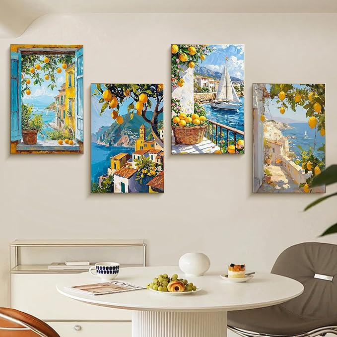 4 Pack Framed Paint by Numbers Kit for Adults Lemon Tree with Wooden Easel | With Frame Canvas 8x12 IN, For Adults Beginner, DIY Acrylic Painting Lemon, Stress Relief Craft Kits, Home Wall Decor Gift