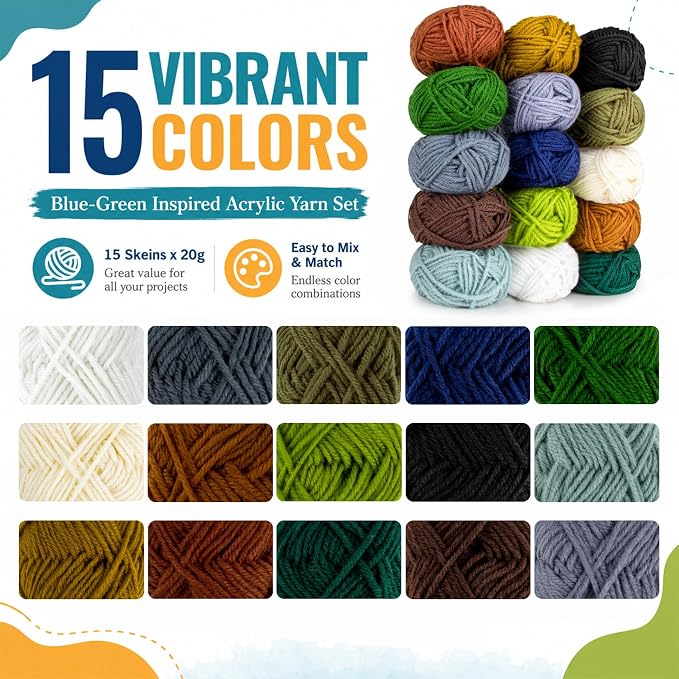 MAQIHAN 15x20g Acrylic Yarn for Knitting - Soft Crochet Yarn for Crafts | Multicolor Yarn Skeins for for Handicraft, Bulk for Crochet & Knitting Beginners, Adults, Assorted Colors for Handmade Crafts