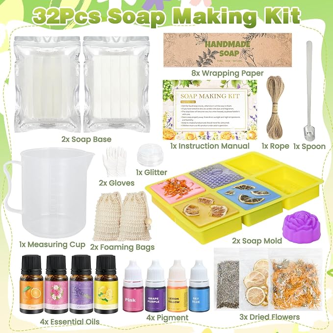 Soap Making Kit- Soap Making Kit for Adults, DIY Soap Making Supplies with Shea Butter Glycerin Melt and Pour Base, Silicone Molds, Dried Flowers, DIY Craft for Beginners Gift for Women