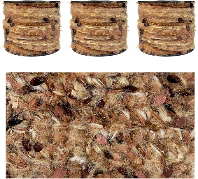 Artisanal Yarn Collection Multifiber Fancy Yarn with Sequins & Iridescent Shimmering Threads for Knitting Crocheting Crafts DIY, Set of 3 Rolls (Toffee)